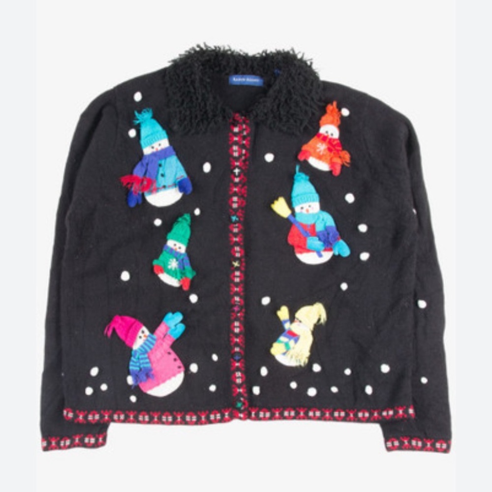Karen Scott Womens Ugly Christmas Snowmen Cardigan Sweater Size L Black Button